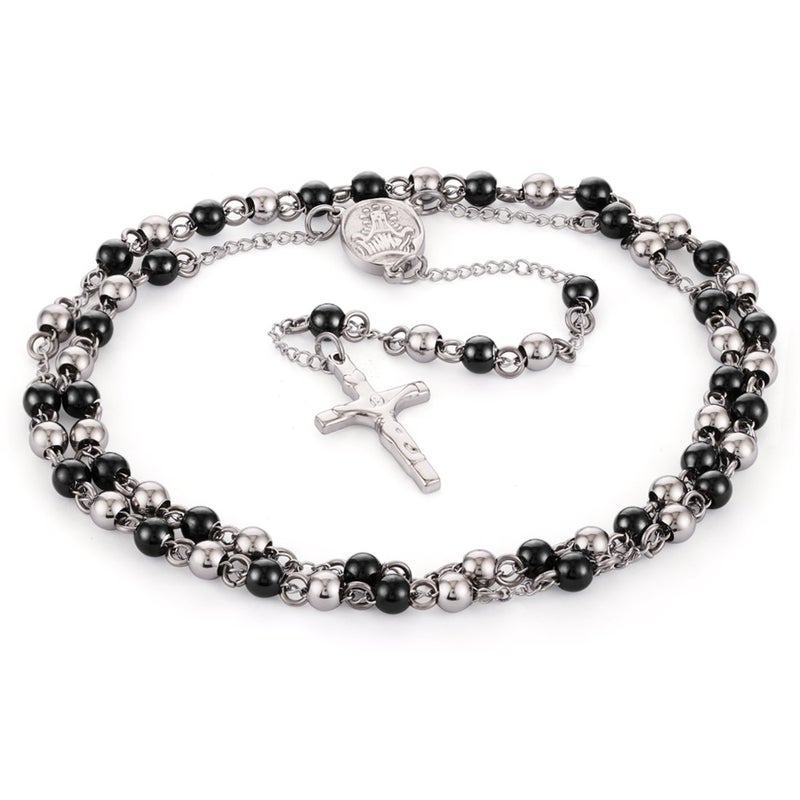 Cottvott Stainless Steel 6mm Beads Rosary Catholic Necklace Holy Medal & Crucifix 32 inch(silver black tone) - Image 1